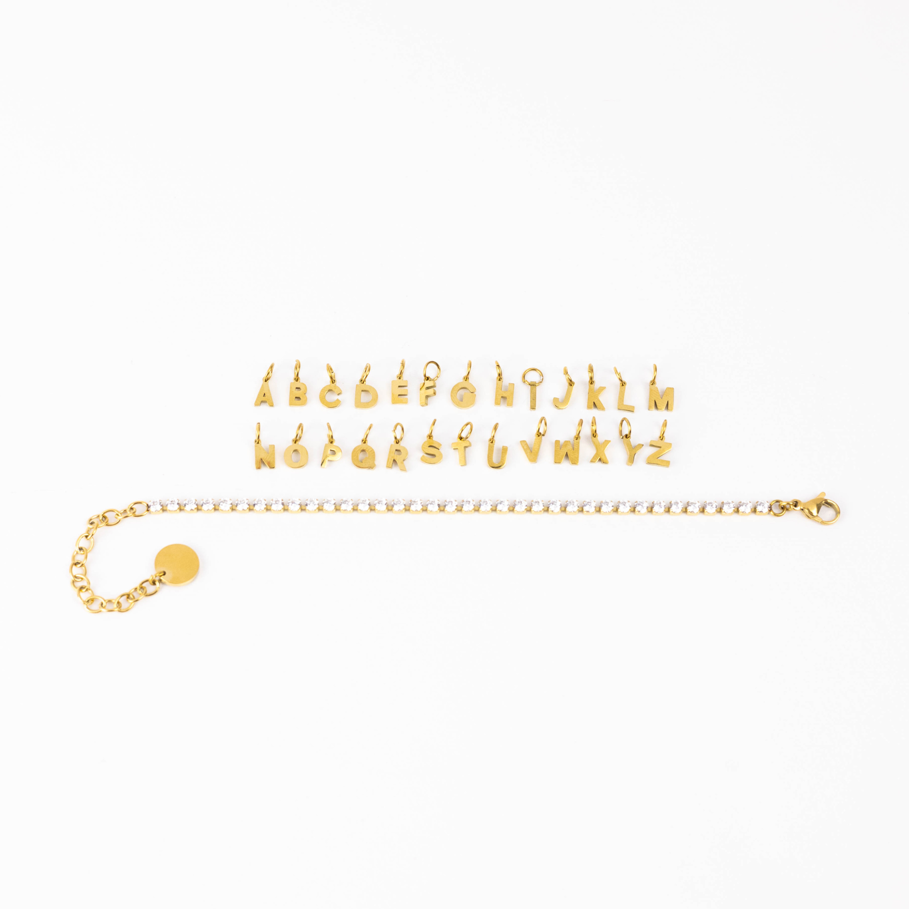 DIY tennis bracelet making kit by Nacre Creative gold-plated bracelet, gold plated letter alphabet charms
