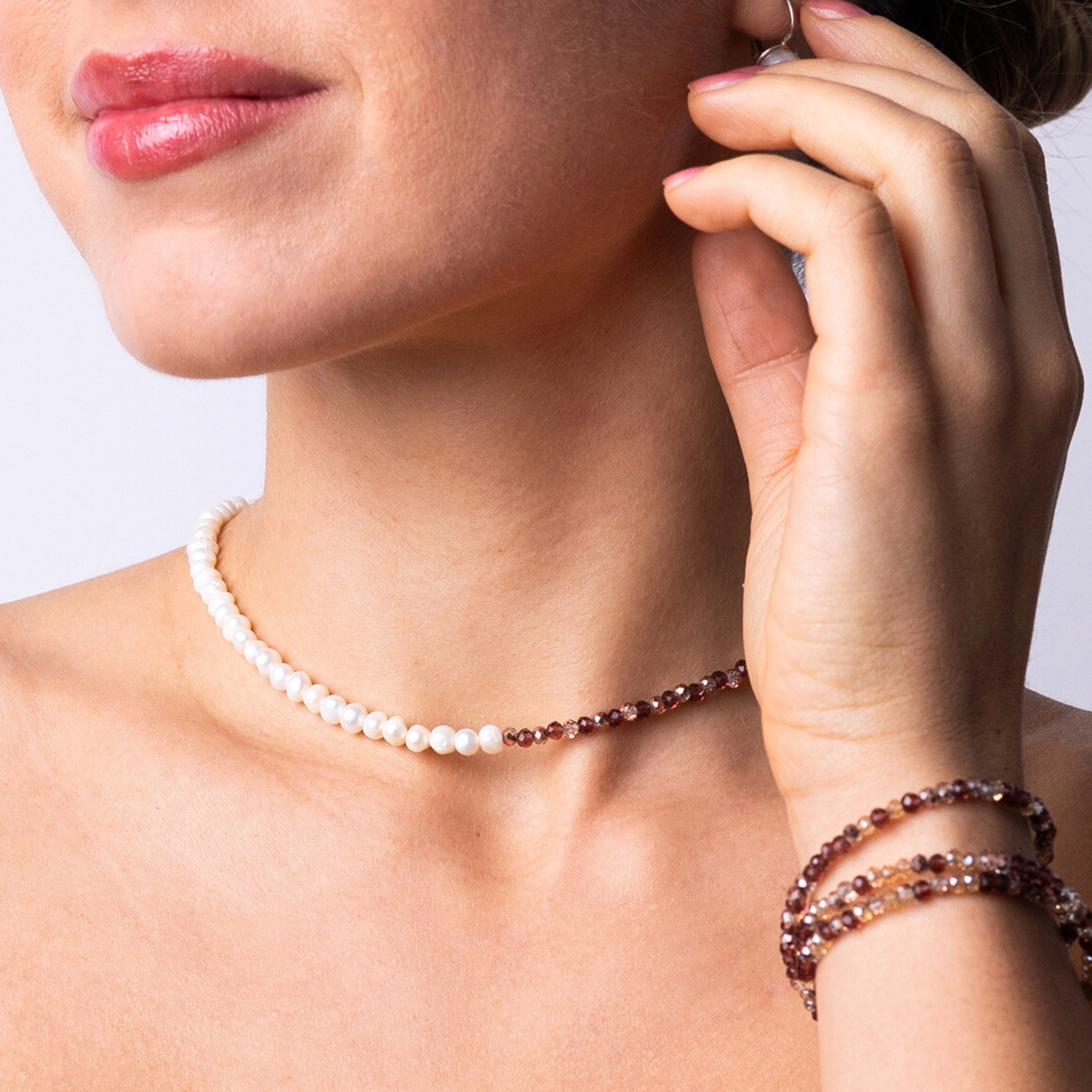 Mother Earth DIY Jewelry Kit by Nacre Creative with tourmaline gemstones, freshwater pearls, crystal beads, 18k gold-plated clasps, pink-handled pliers, and shell dish for luxury necklace making.