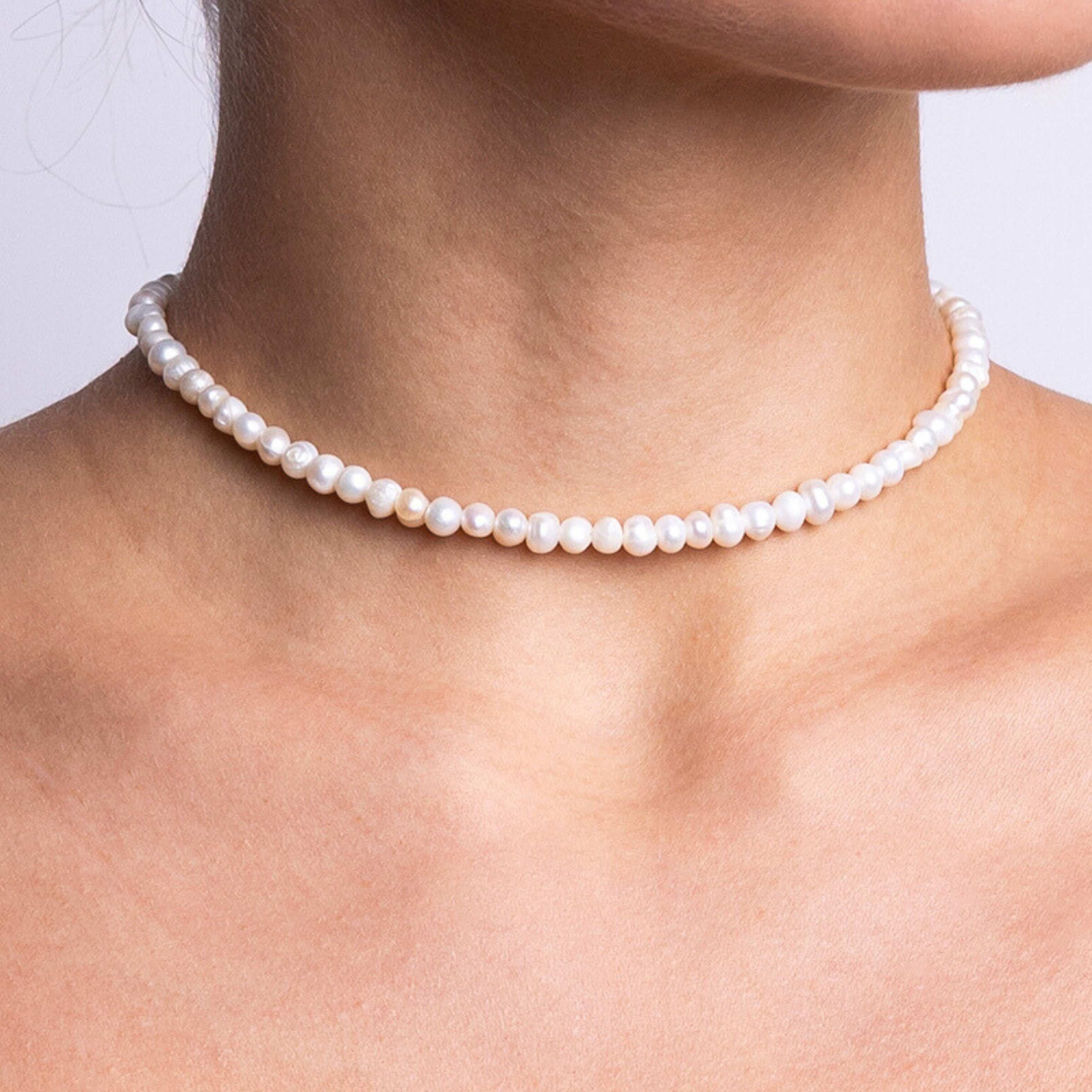 Handmade choker necklace crafted with luminous freshwater pearls from the Nacre Creative Mother Earth DIY Jewelry Kit.