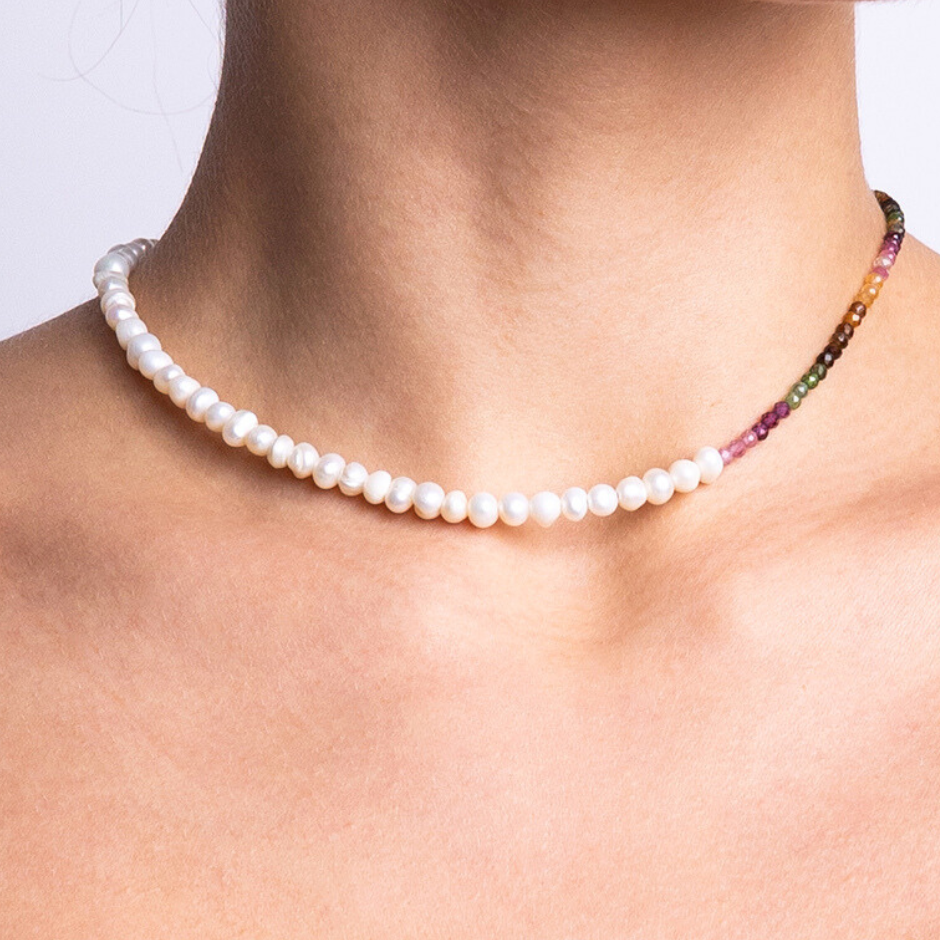 Elegant handmade necklace from the Nacre Creative Mother Earth DIY Jewelry Kit, featuring freshwater pearls combined with multicolor tourmaline gemstones.