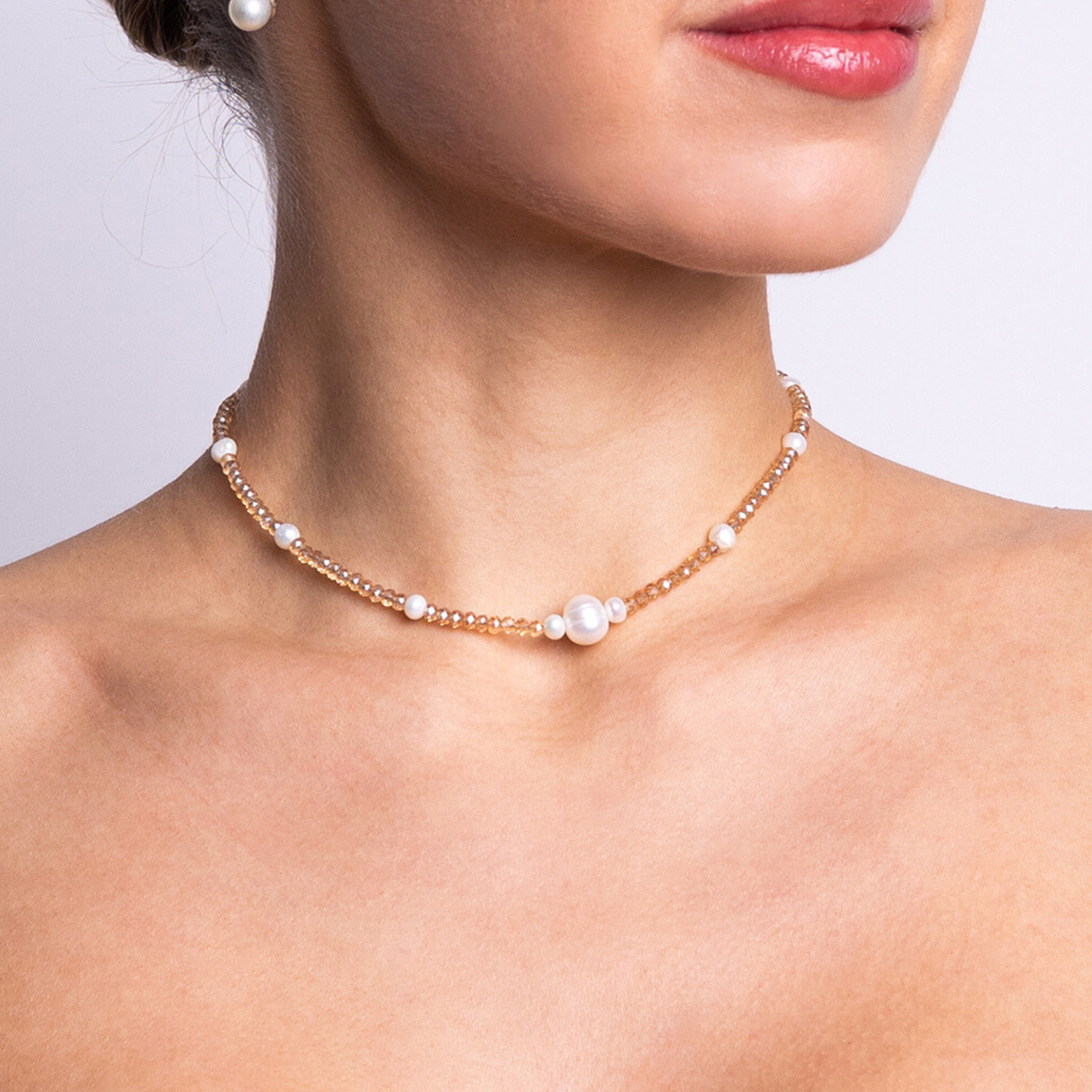 Delicate handmade choker with golden crystal beads and freshwater pearls, designed using the Nacre Creative Mother Earth DIY Jewelry Kit