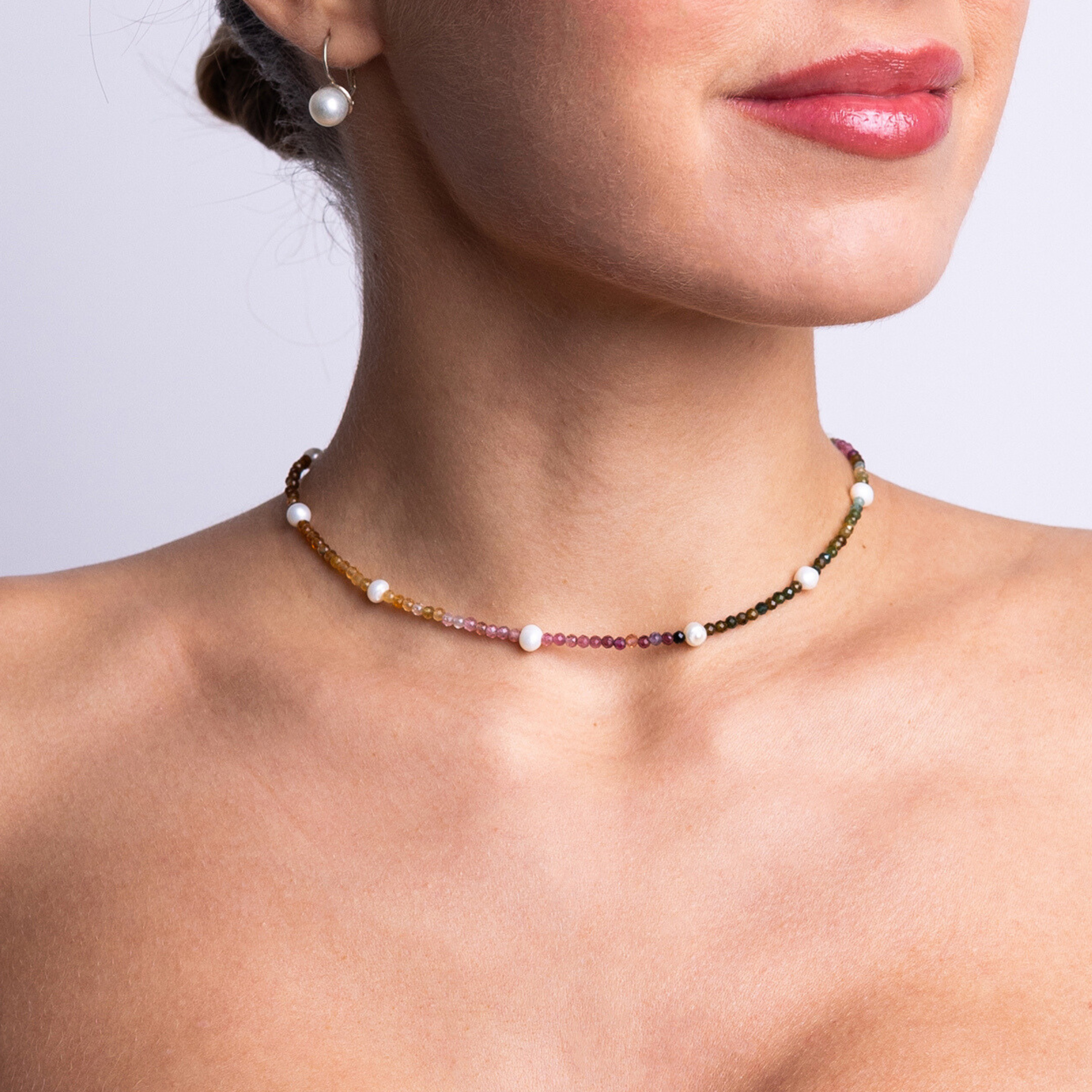 Elegant handmade choker with multicolor tourmaline gemstones and spaced freshwater pearls, created from the Nacre Creative Mother Earth DIY Jewelry Kit.
