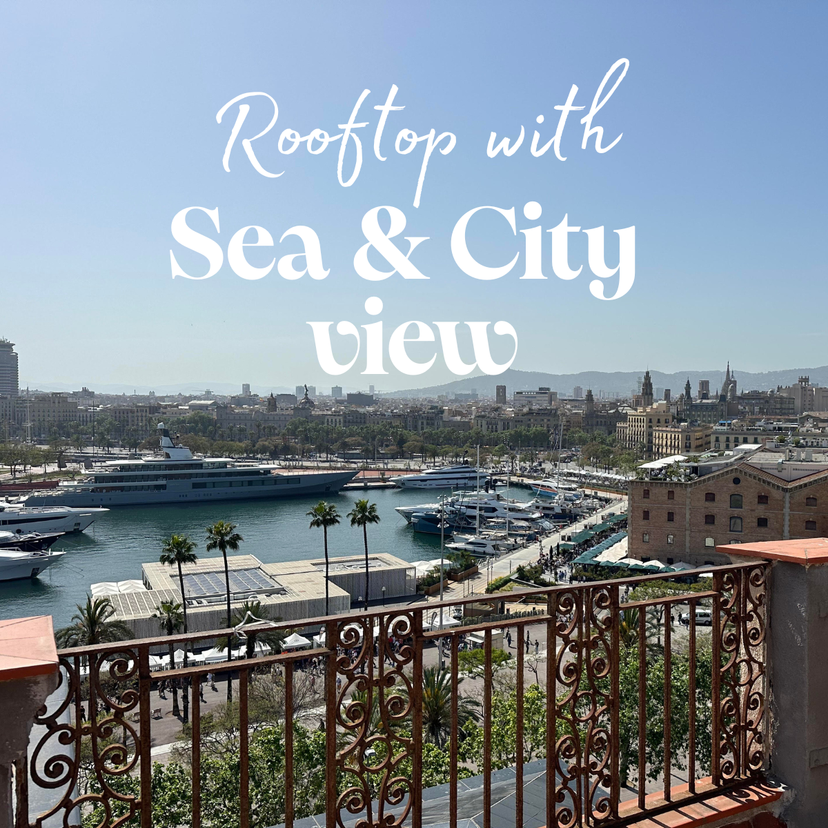 Rooftop with sea and city view, featuring a marina and skyline.
